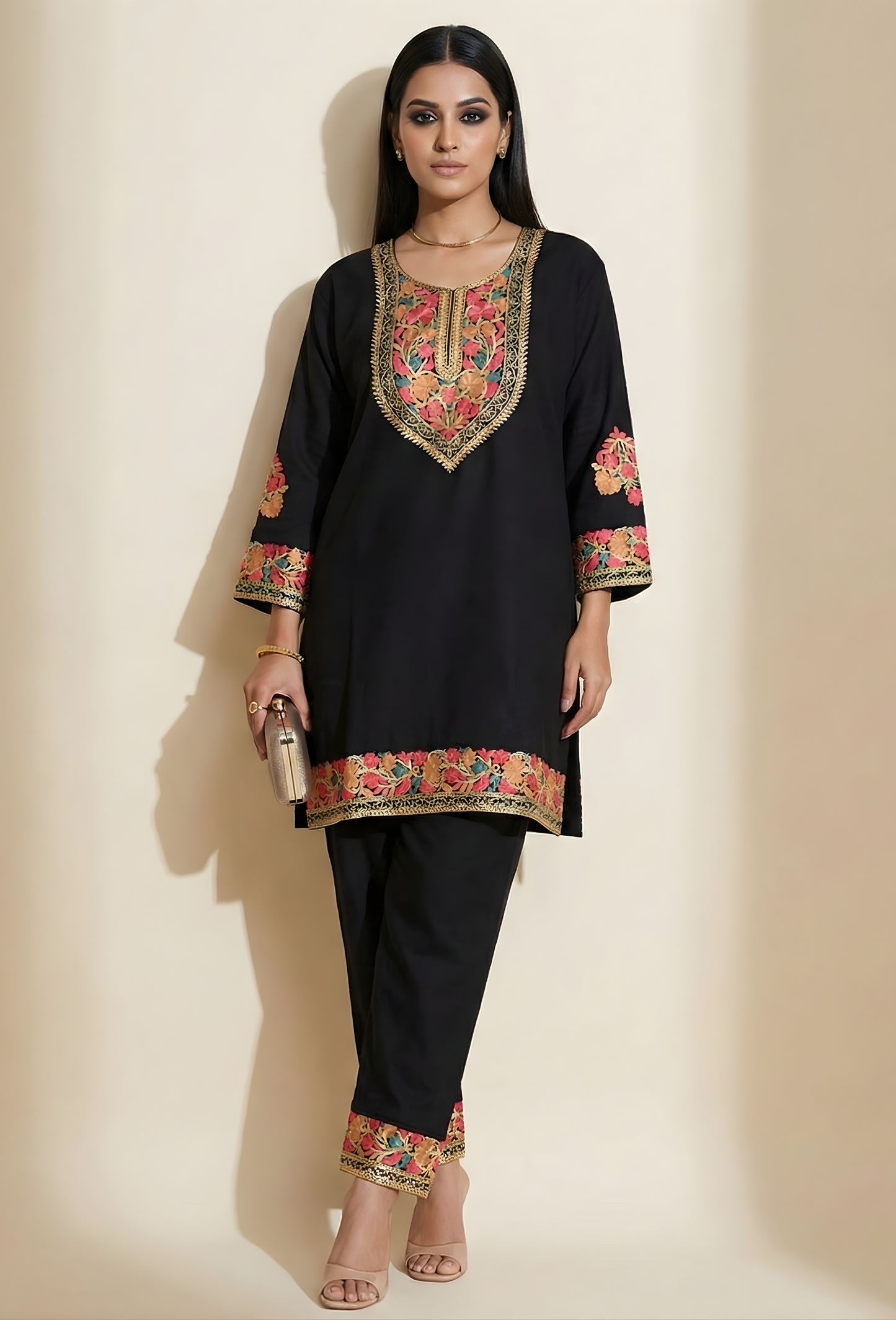 Kashmiri Wool Aari Embroidered Co-ord Set - Black (Free Size)