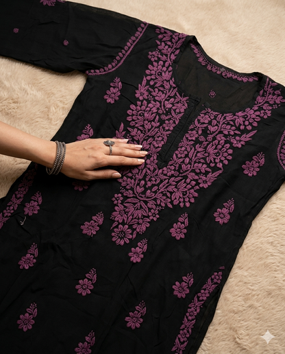 Flowy Cotton Chikankari Hand Embroidered Kurta - Black & Wine