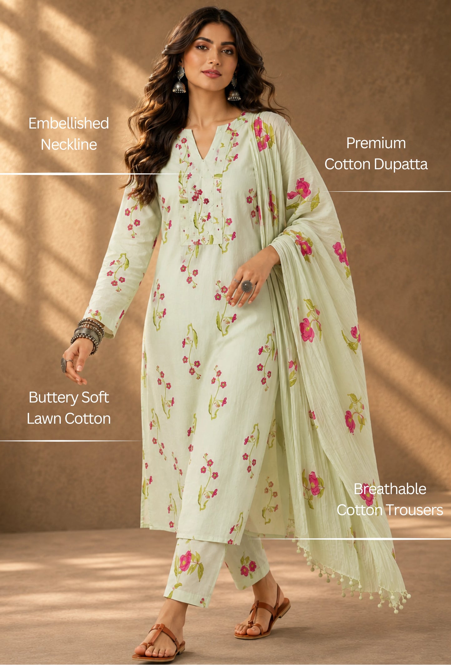 Buttery Cotton Unstitched Set with Dupatta & Trousers - Breeze Green