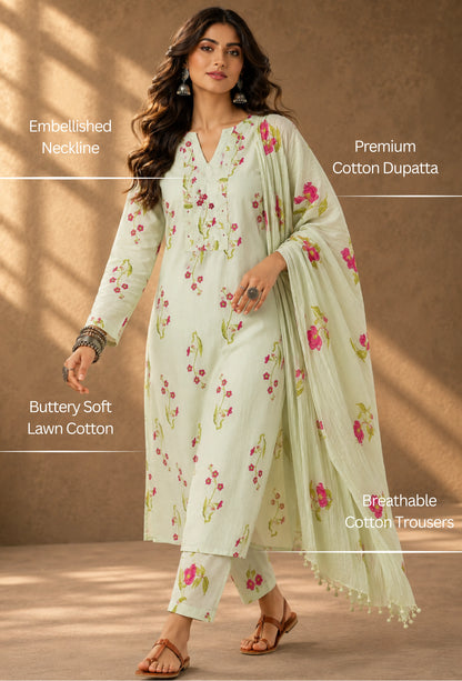 Buttery Cotton Unstitched Set with Dupatta & Trousers - Breeze Green
