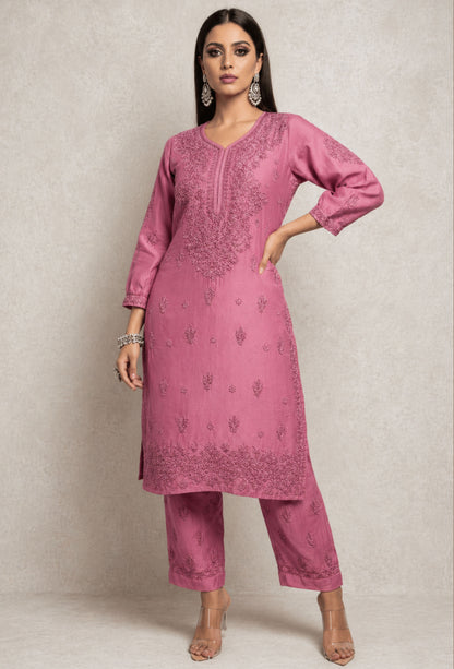 Chanderi Chikankari Hand Embroidered Kurta Set - Rose Pink