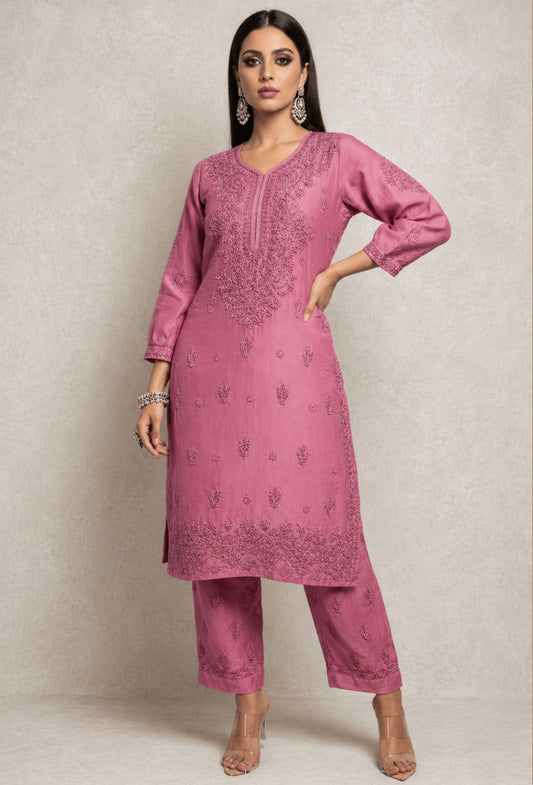 Chanderi Chikankari Hand Embroidered Kurta Set - Rose Pink