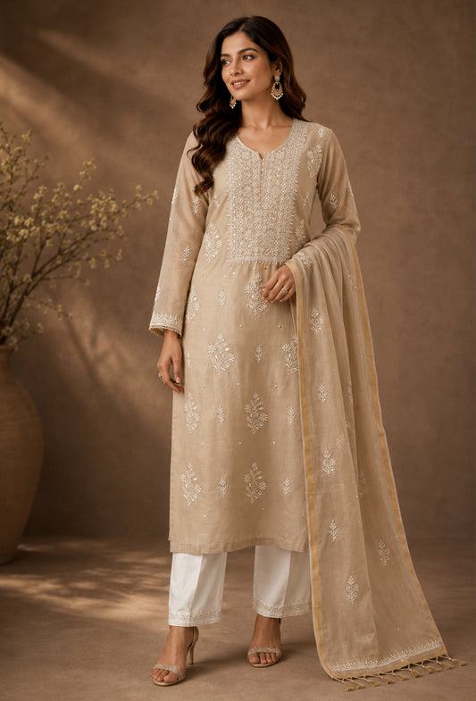 Unstitched Luxury Chikankari Hand Embroidered Kurta Dupatta Set