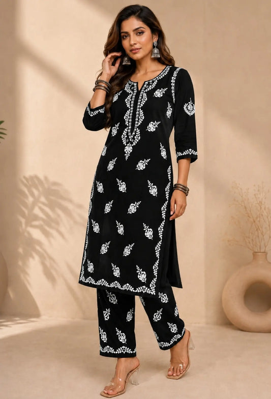 Cotton Chikankari Hand Embroidered Kurta Trouser Set