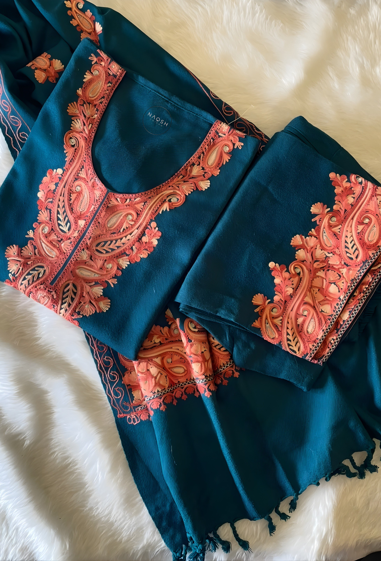 Kashmiri Wool Aari Embroidered Co-ord Set 3 Piece - Teal Blue (Free Size)