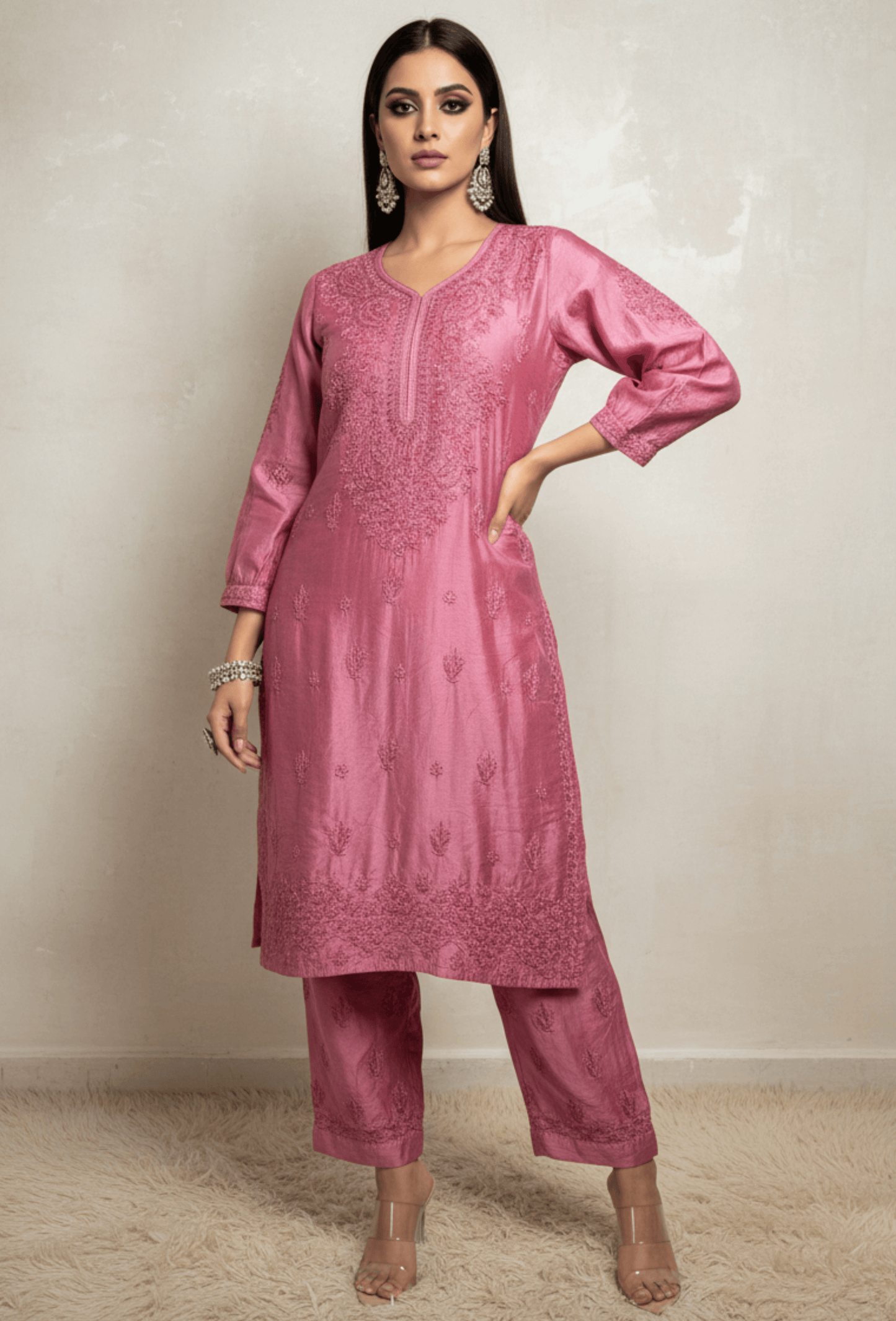 Chanderi Chikankari Hand Embroidered Kurta Set - Rose Pink