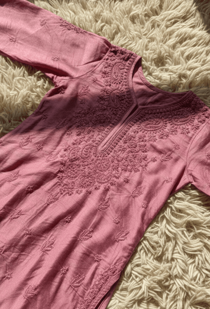 Chanderi Chikankari Hand Embroidered Kurta Set - Rose Pink