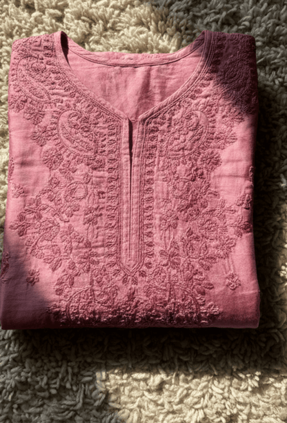 Chanderi Chikankari Hand Embroidered Kurta Set - Rose Pink