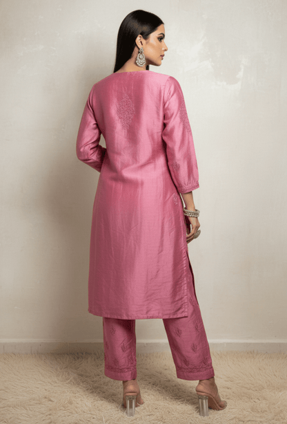 Chanderi Chikankari Hand Embroidered Kurta Set - Rose Pink