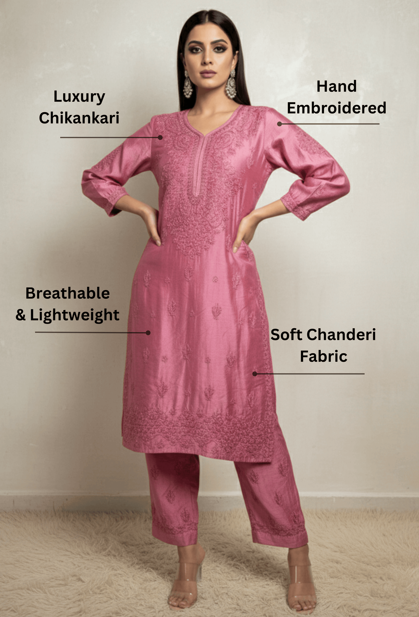 Chanderi Chikankari Hand Embroidered Kurta Set - Rose Pink