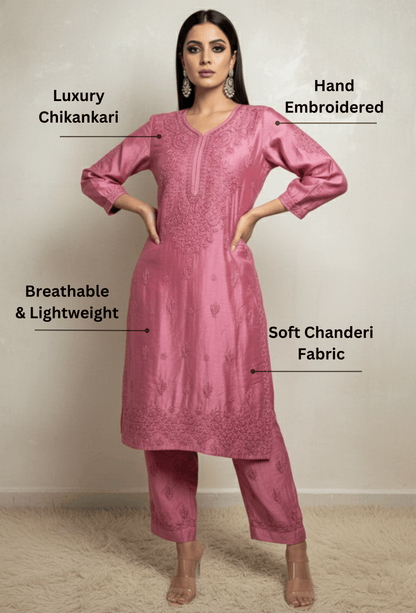 Chanderi Chikankari Hand Embroidered Kurta Set - Rose Pink