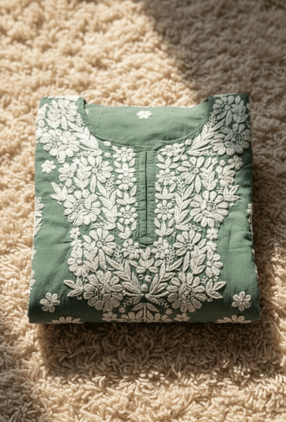 Modal Chikankari Hand Embroidered Kurta Set - Deep Sage Green