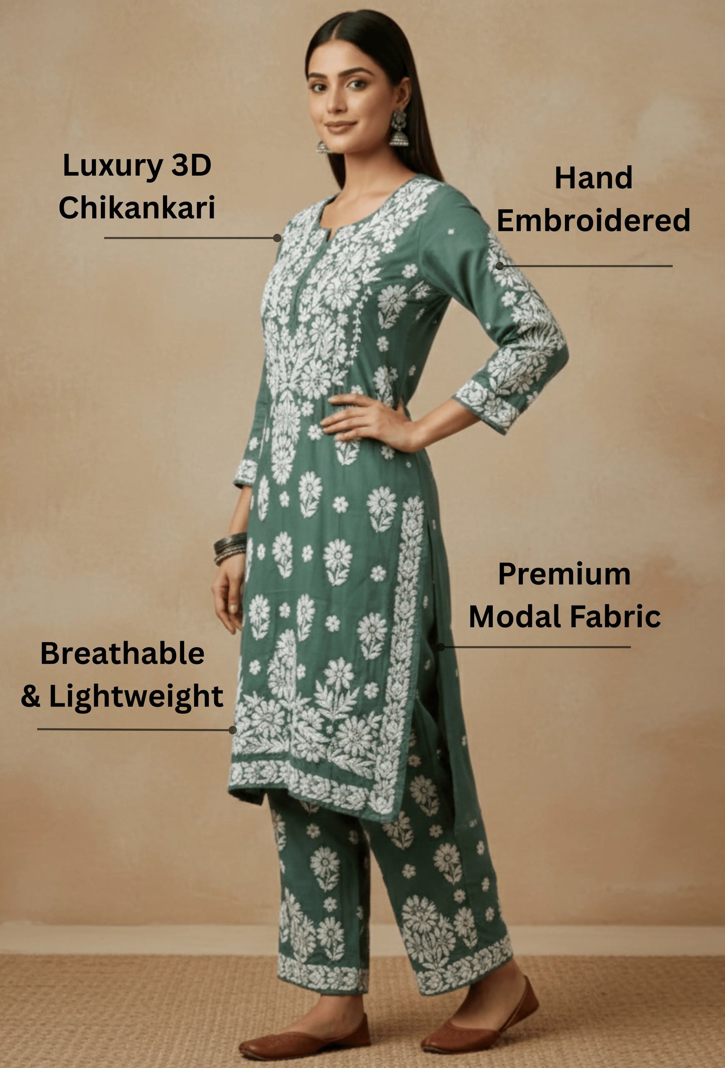 Modal Chikankari Hand Embroidered Kurta Set - Deep Sage Green
