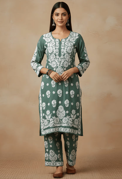 Modal Chikankari Hand Embroidered Kurta Trouser Set