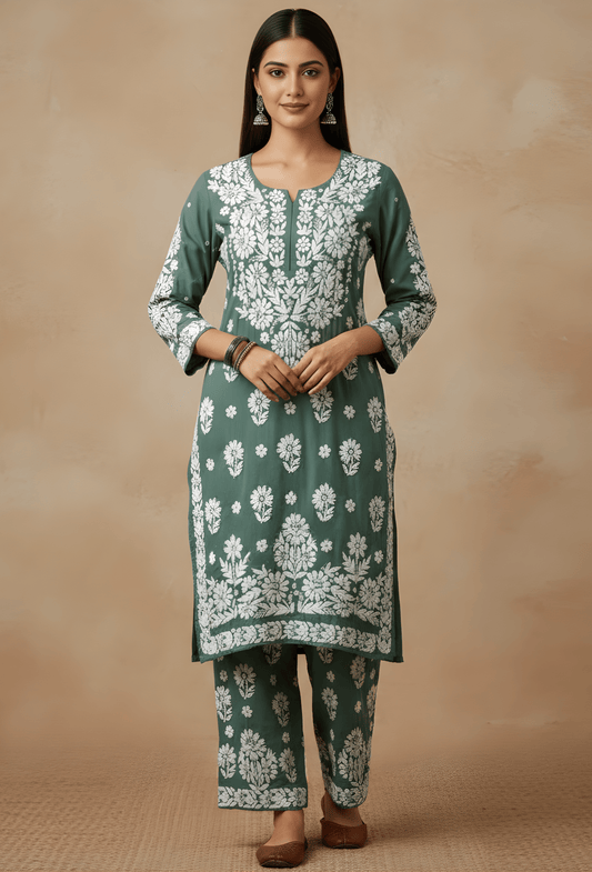 Modal Chikankari Hand Embroidered Kurta Set - Deep Sage Green
