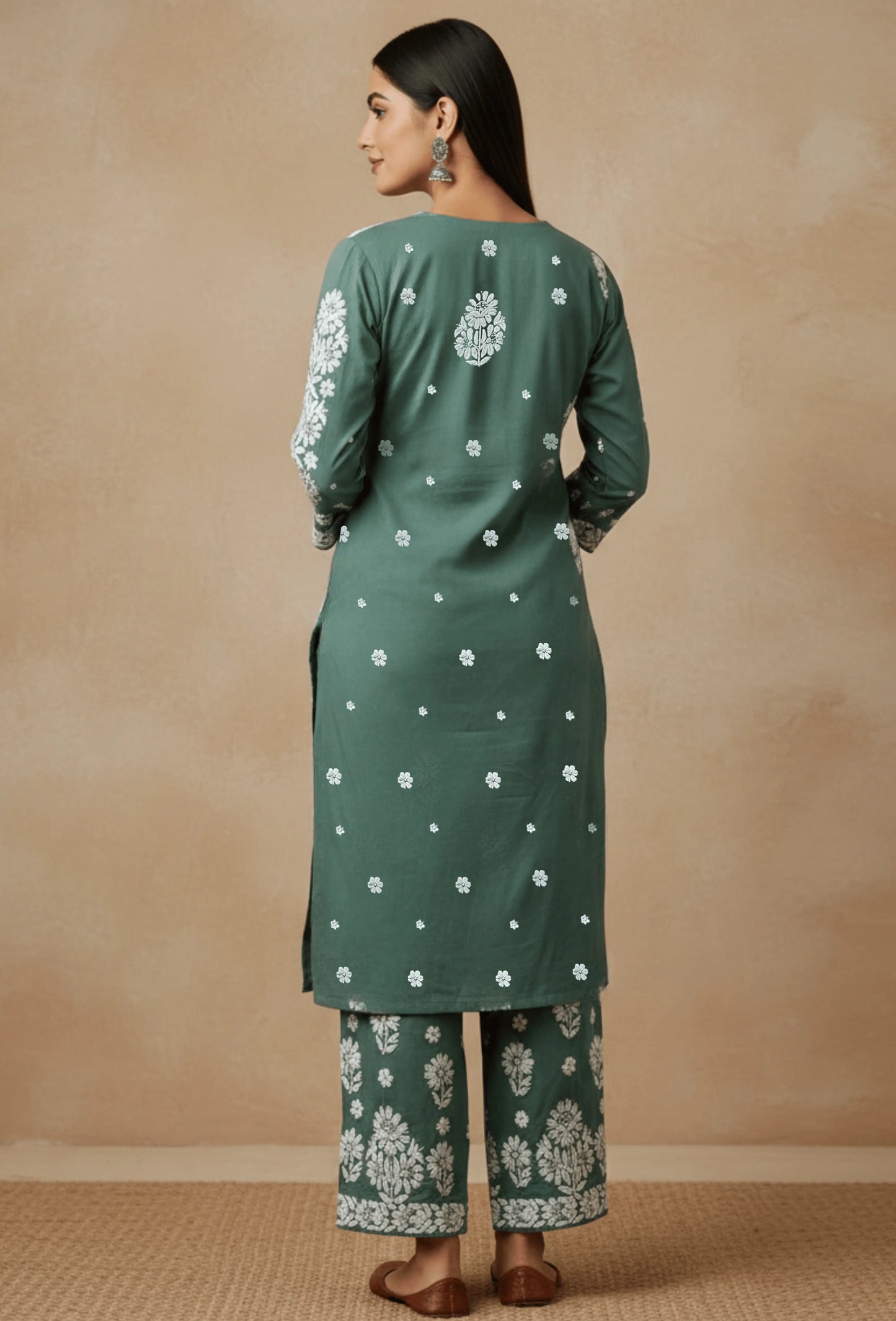 Modal Chikankari Hand Embroidered Kurta Set - Deep Sage Green