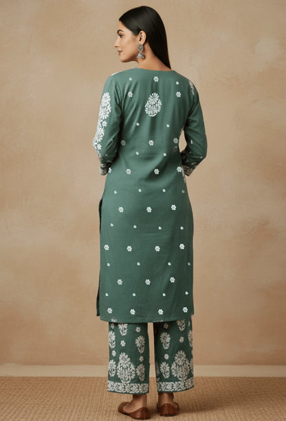 Modal Chikankari Hand Embroidered Kurta Set - Deep Sage Green