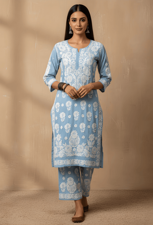 Modal Chikankari Hand Embroidered Kurta Set - Sky Blue