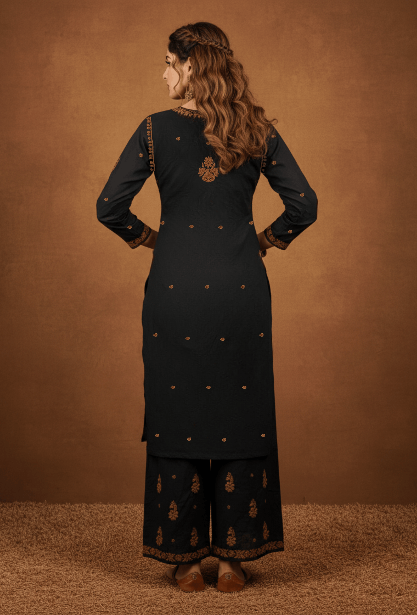 Flowy Cotton Chikankari Hand Embroidered Kurta Set - Black & Brown