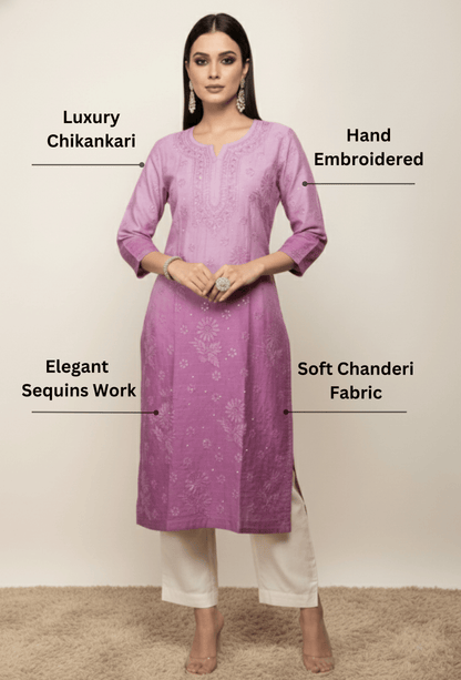 Chanderi Festive Chikankari Hand Embroidered Long Kurta - Purple