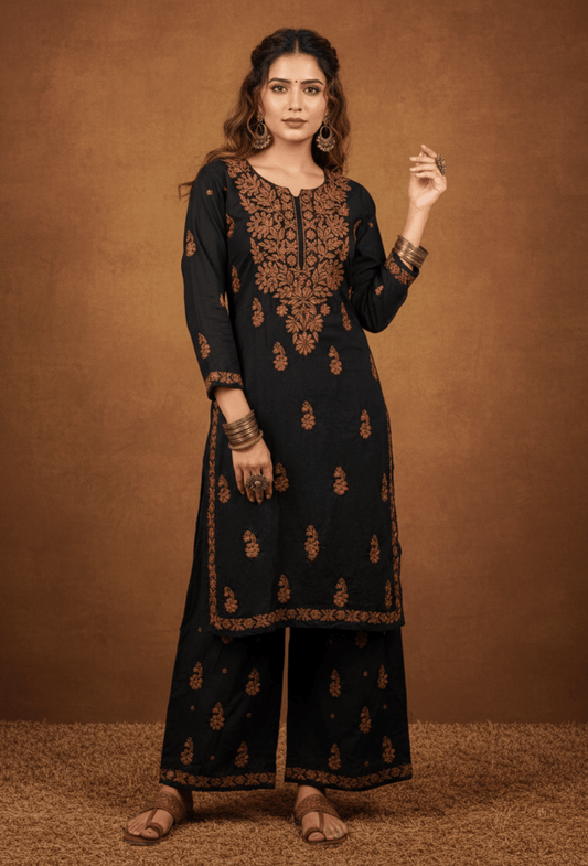 Flowy Cotton Chikankari Hand Embroidered Kurta Set - Black & Brown