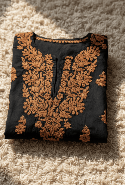 Flowy Cotton Chikankari Hand Embroidered Kurta Set - Black & Brown