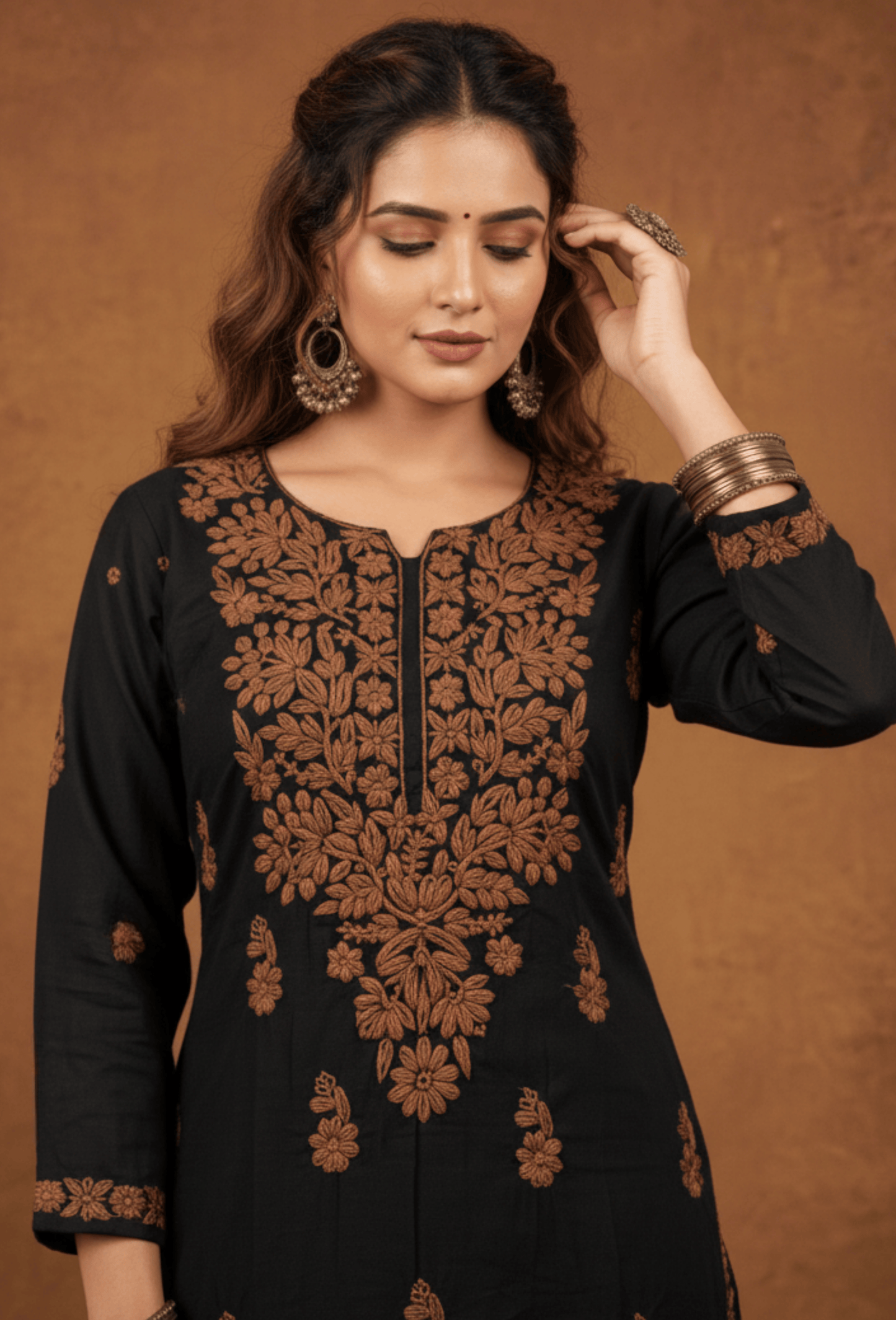 Flowy Cotton Chikankari Hand Embroidered Kurta Set - Black & Brown