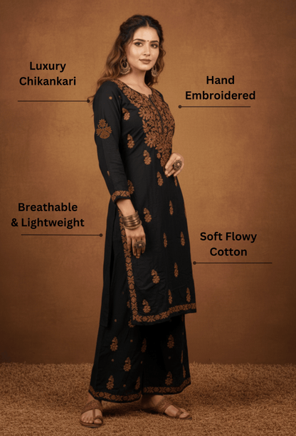 Flowy Cotton Chikankari Hand Embroidered Kurta Set - Black & Brown