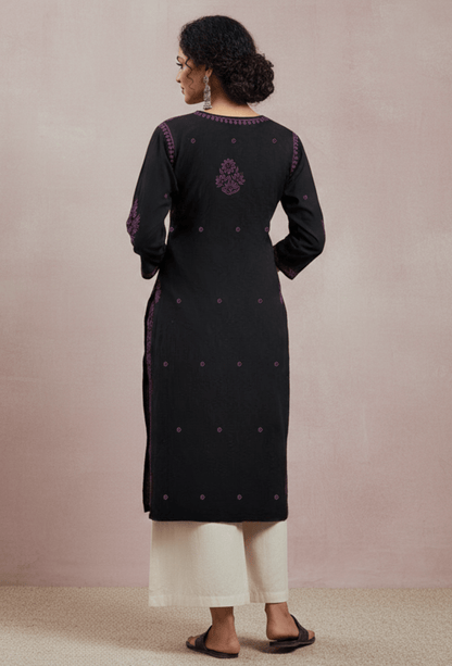 Flowy Cotton Chikankari Hand Embroidered Kurta - Black & Wine