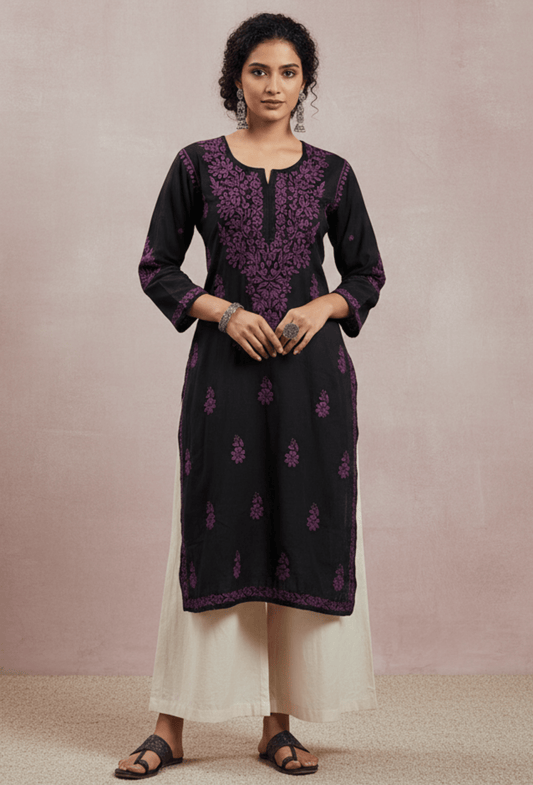 Flowy Cotton Chikankari Hand Embroidered Kurta - Black & Wine