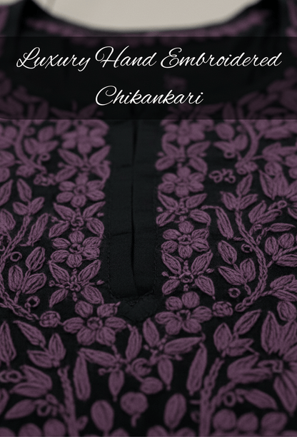 Flowy Cotton Chikankari Hand Embroidered Kurta - Black & Wine