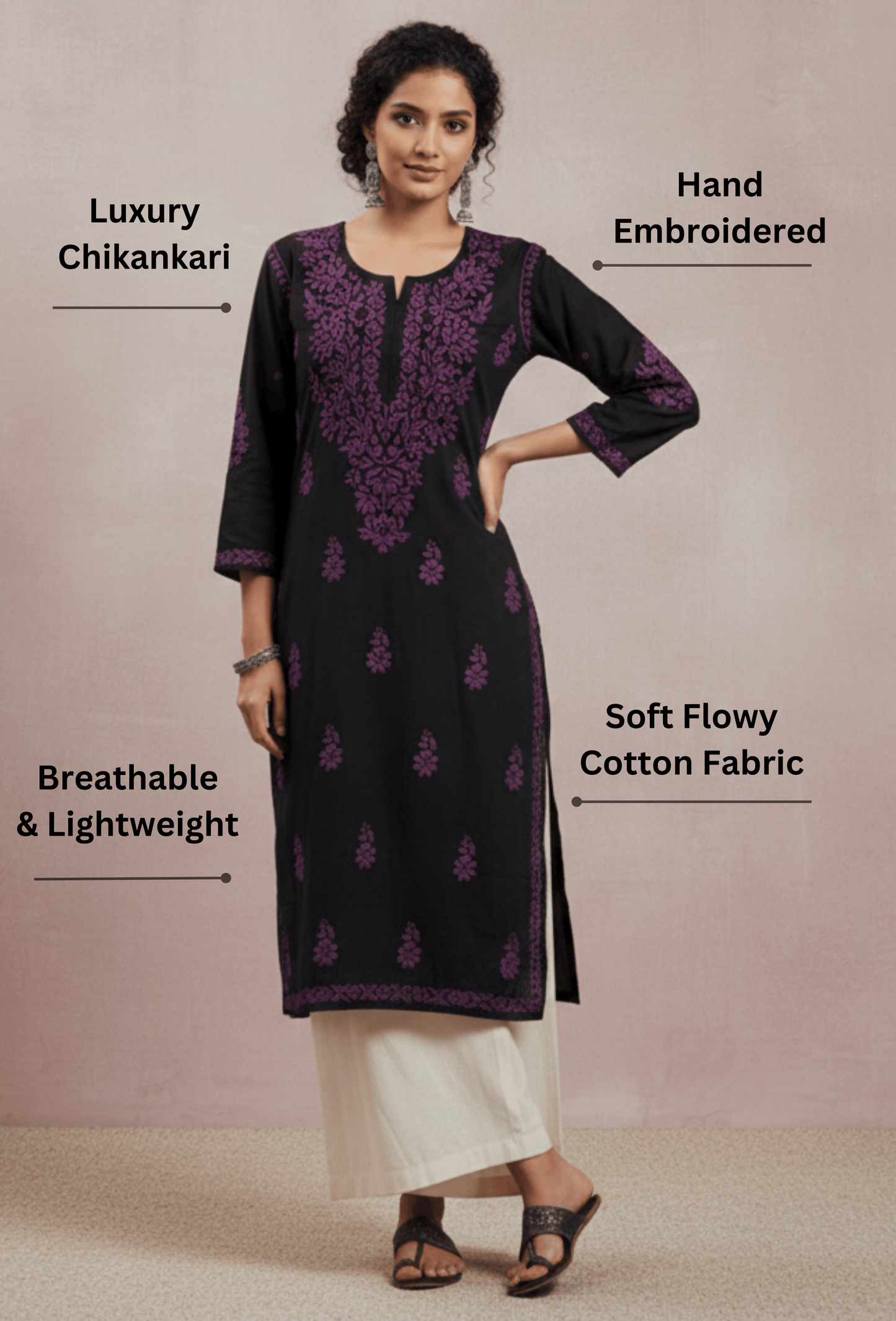 Flowy Cotton Chikankari Hand Embroidered Kurta - Black & Wine