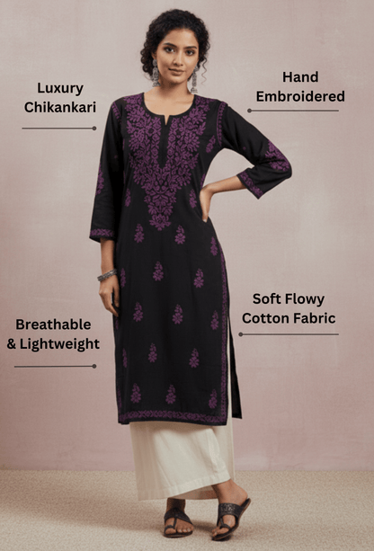 Flowy Cotton Chikankari Hand Embroidered Kurta - Black & Wine