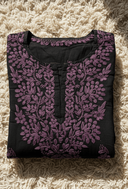 Flowy Cotton Chikankari Hand Embroidered Kurta - Black & Wine