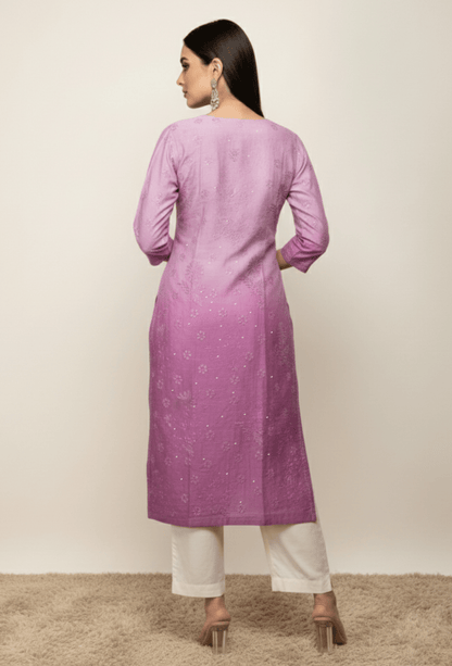 Chanderi Festive Chikankari Hand Embroidered Long Kurta - Purple
