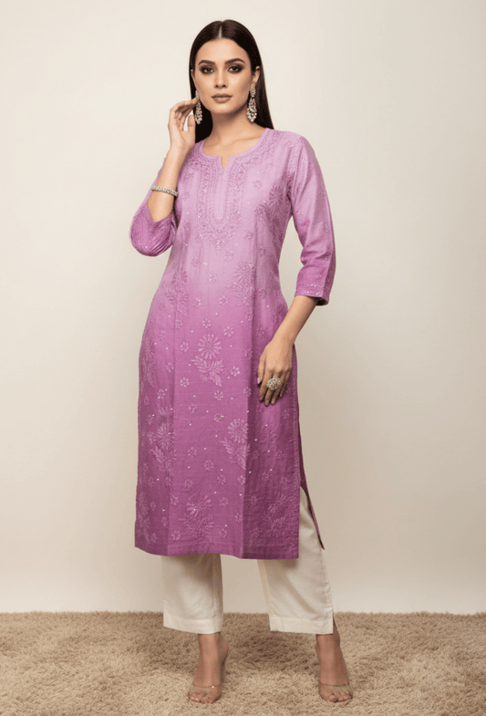 Chanderi Festive Chikankari Hand Embroidered Long Kurta - Purple