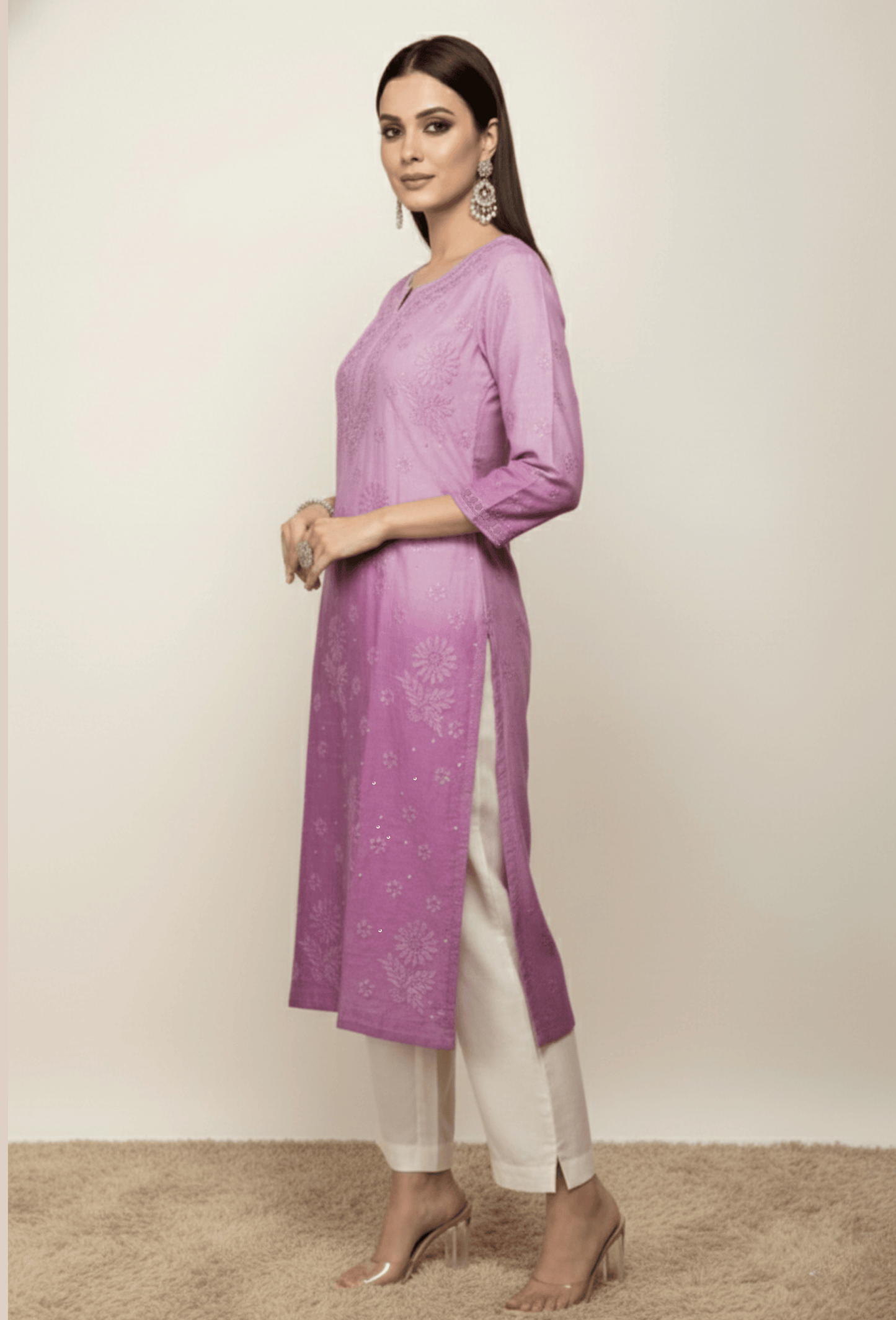 Chanderi Festive Chikankari Hand Embroidered Long Kurta - Purple