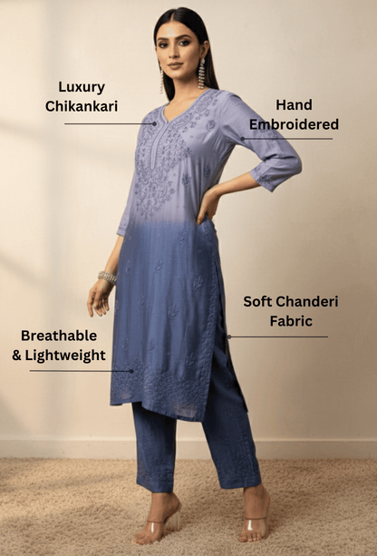 Chanderi Chikankari Hand Embroidered Kurta Set - Indigo