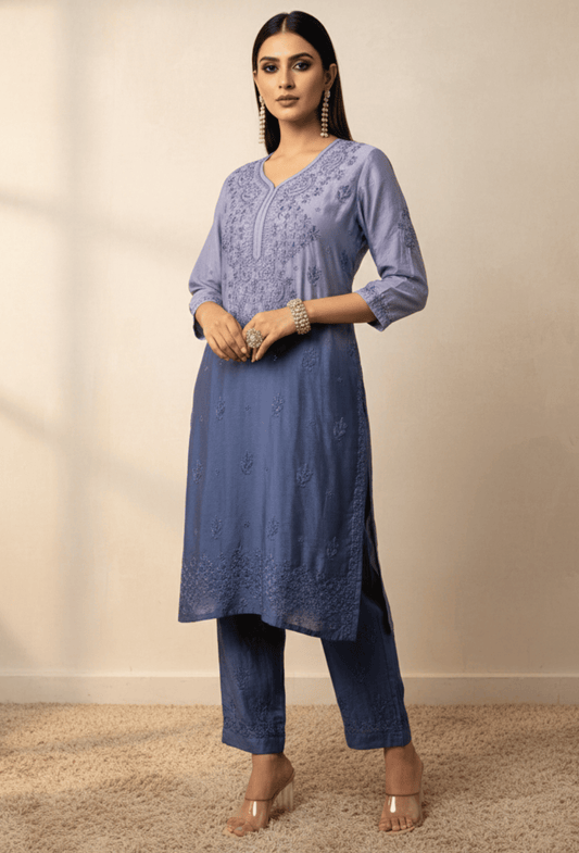 Chanderi Chikankari Hand Embroidered Kurta Set - Indigo
