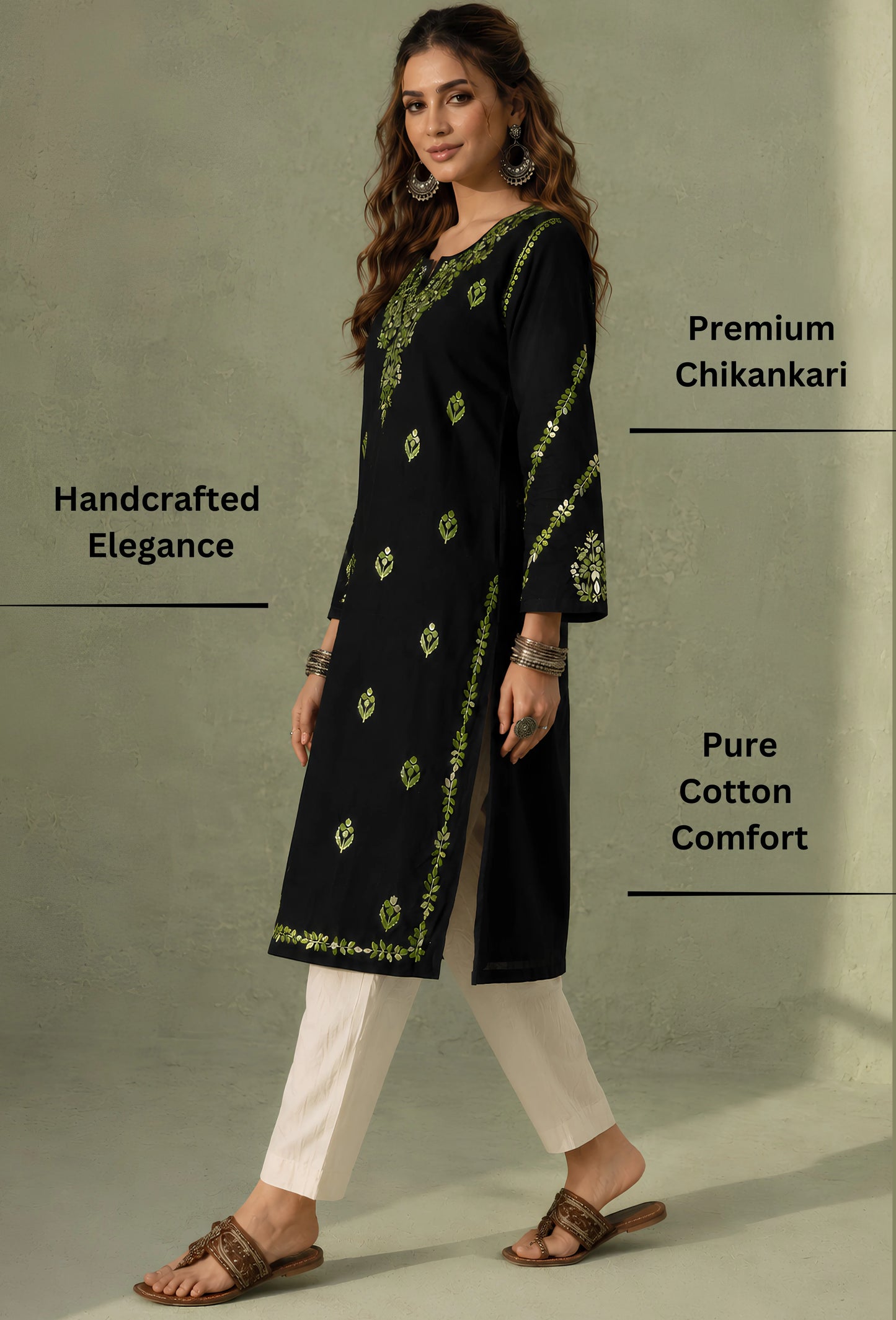 Chikankari Hand Embroidered Long Cotton Kurta - Black & Green