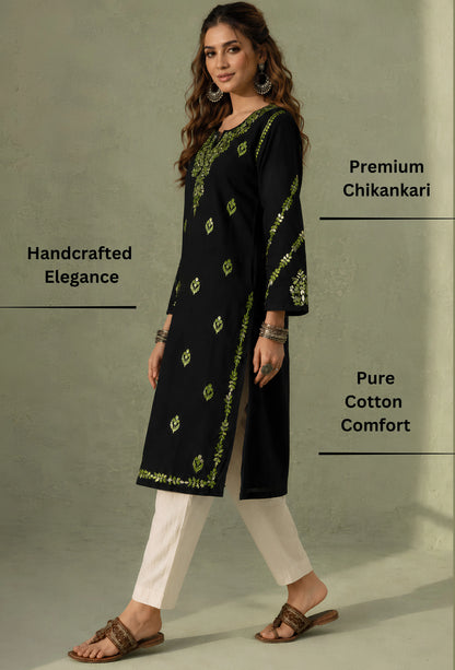 Chikankari Hand Embroidered Long Cotton Kurta - Black & Green