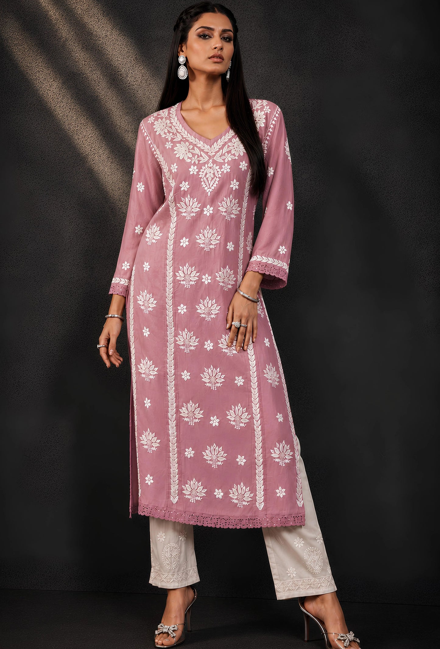 Chanderi Chikankari Hand Embroidered Kurta Trouser Set - Pink