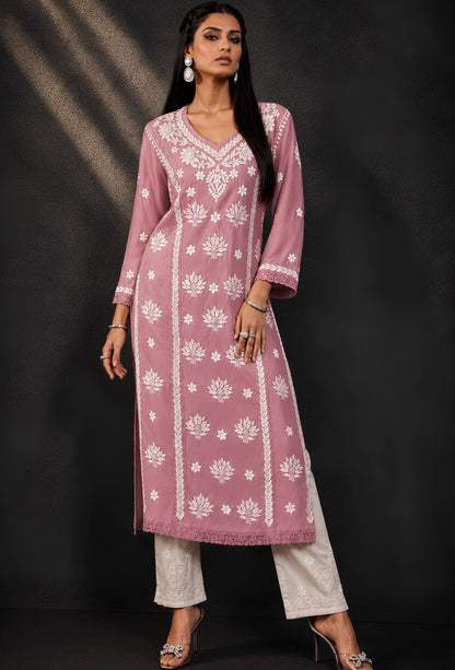 Chanderi Chikankari Hand Embroidered Kurta Trouser Set - Pink