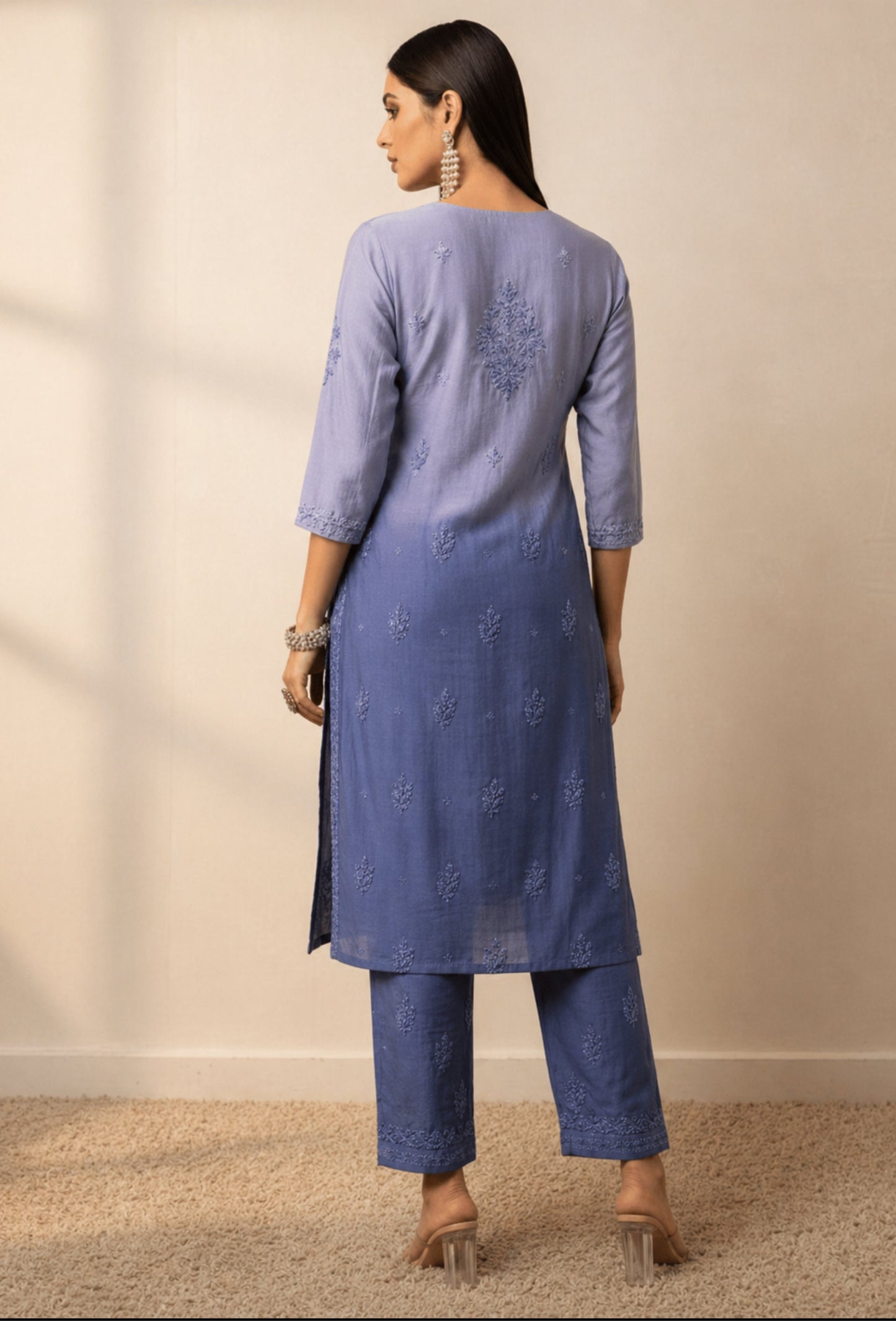 Chanderi Chikankari Hand Embroidered Kurta Set - Indigo