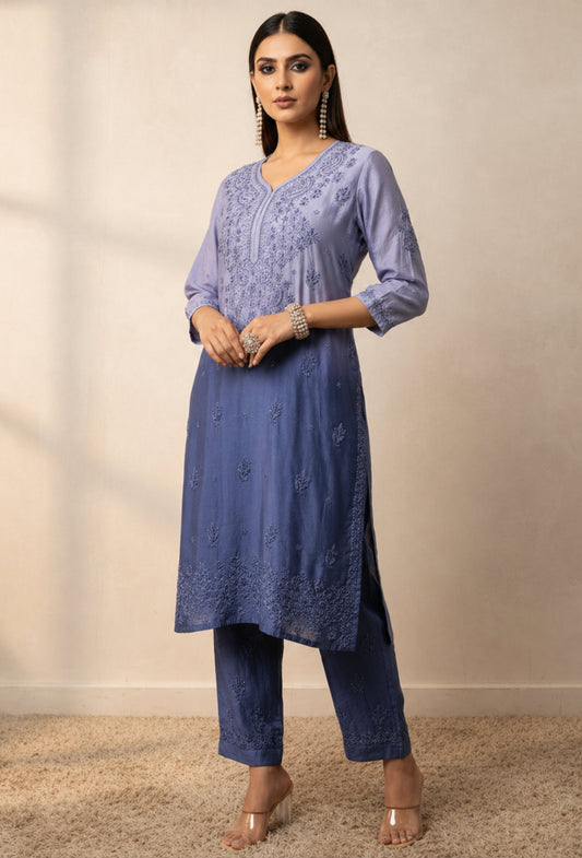 Chanderi Chikankari Hand Embroidered Kurta Set - Indigo