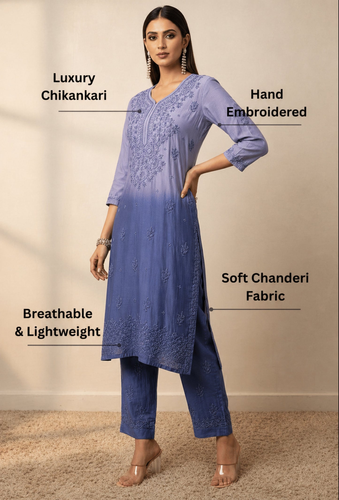 Chanderi Chikankari Hand Embroidered Kurta Set - Indigo