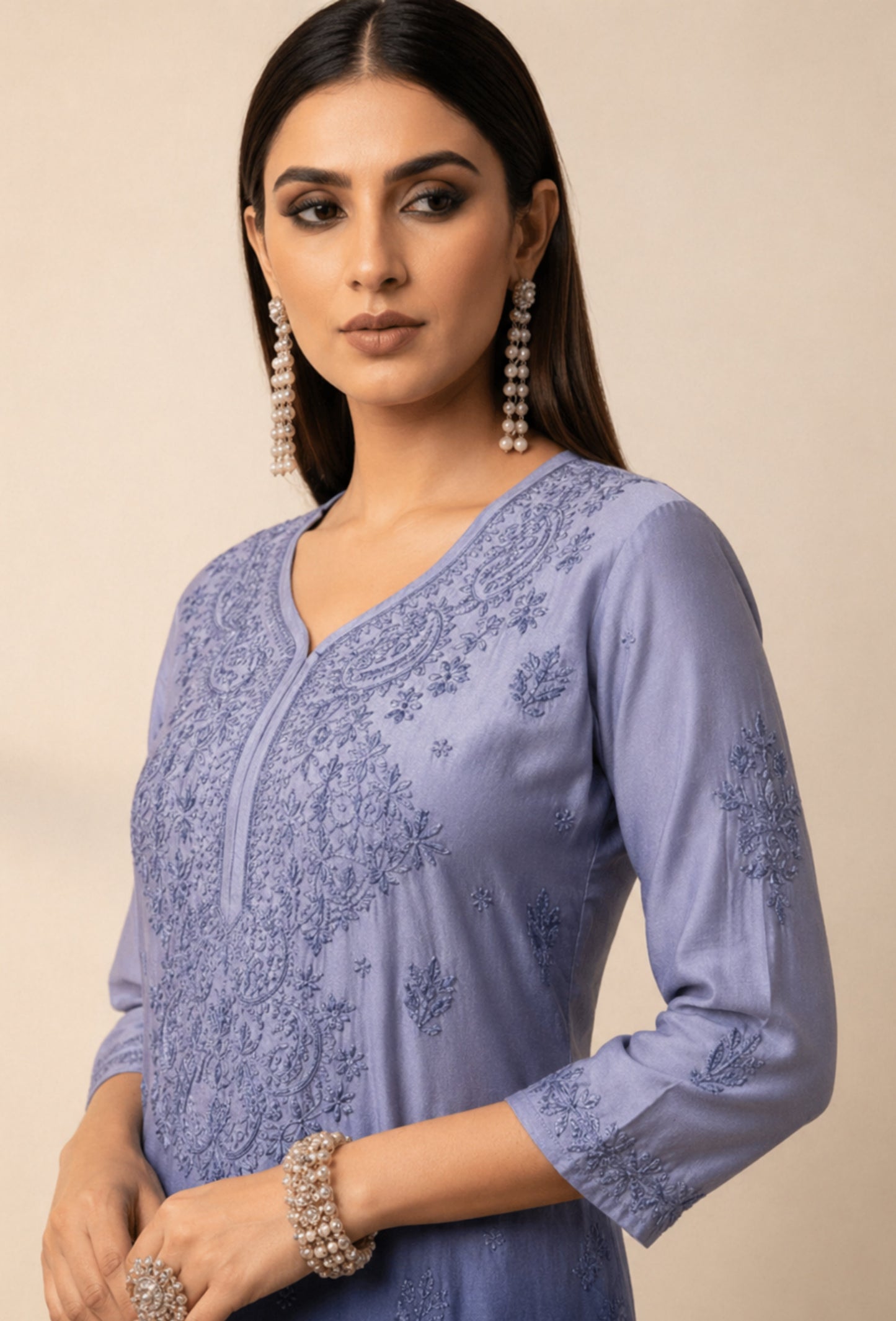 Chanderi Chikankari Hand Embroidered Kurta Set - Indigo