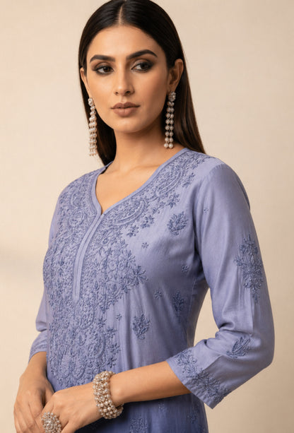 Chanderi Chikankari Hand Embroidered Kurta Set - Indigo