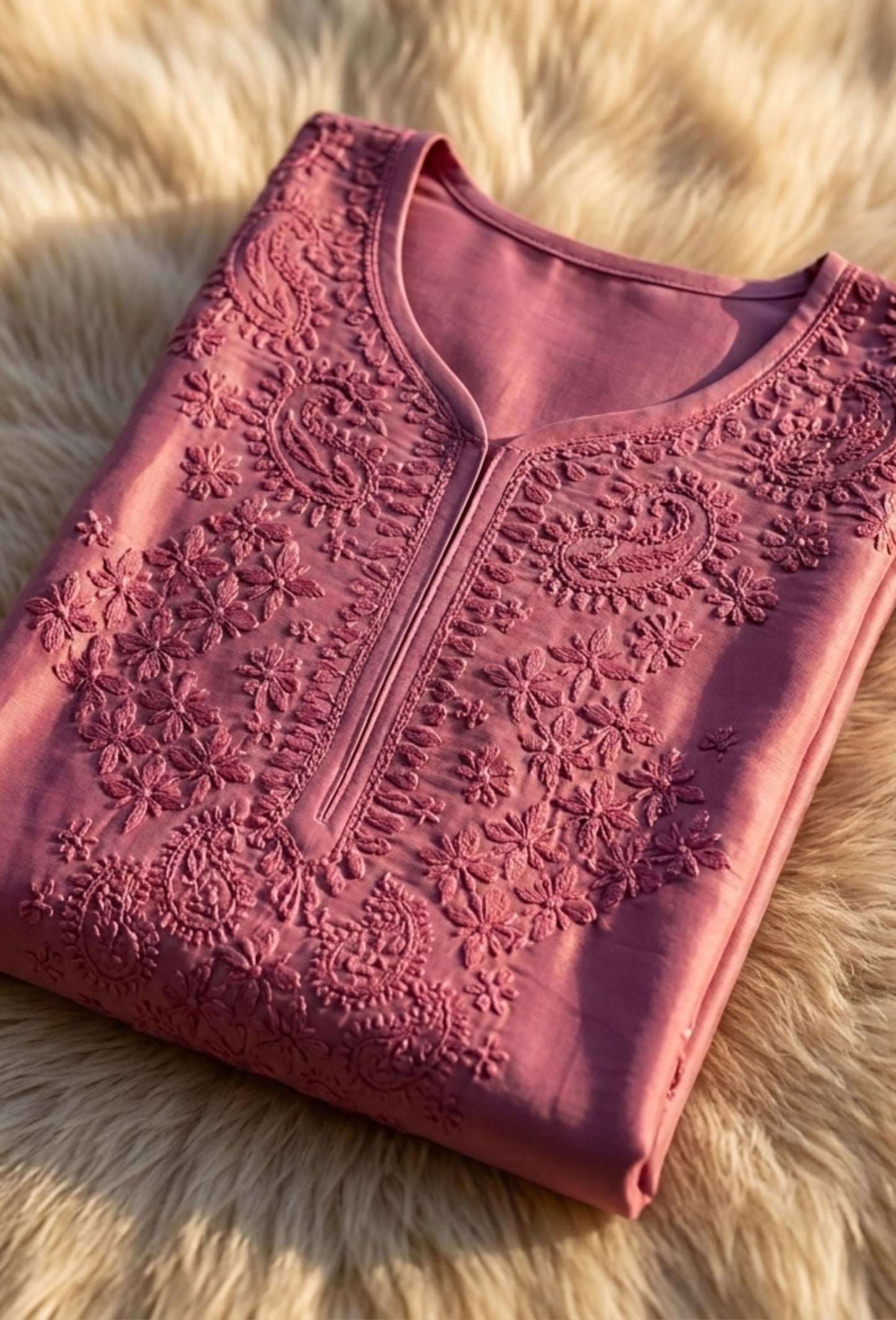 Chanderi Chikankari Hand Embroidered Kurta Set - Rose Pink