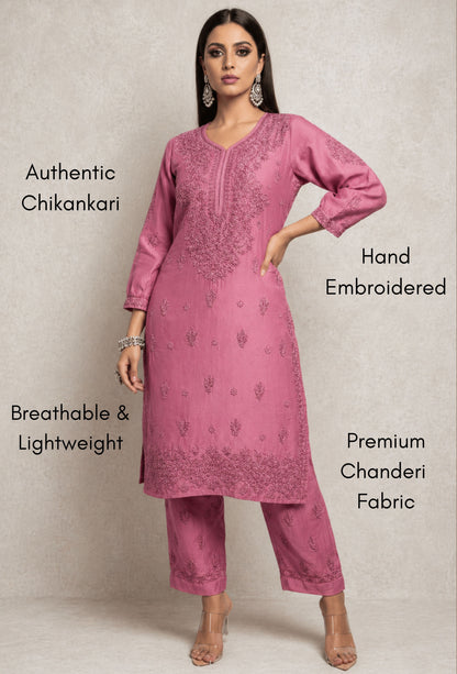 Chanderi Chikankari Hand Embroidered Kurta Set - Rose Pink